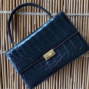 Vintage Black Genuine AlligatorTop-Handle Bag with Gold-Tone Hardware